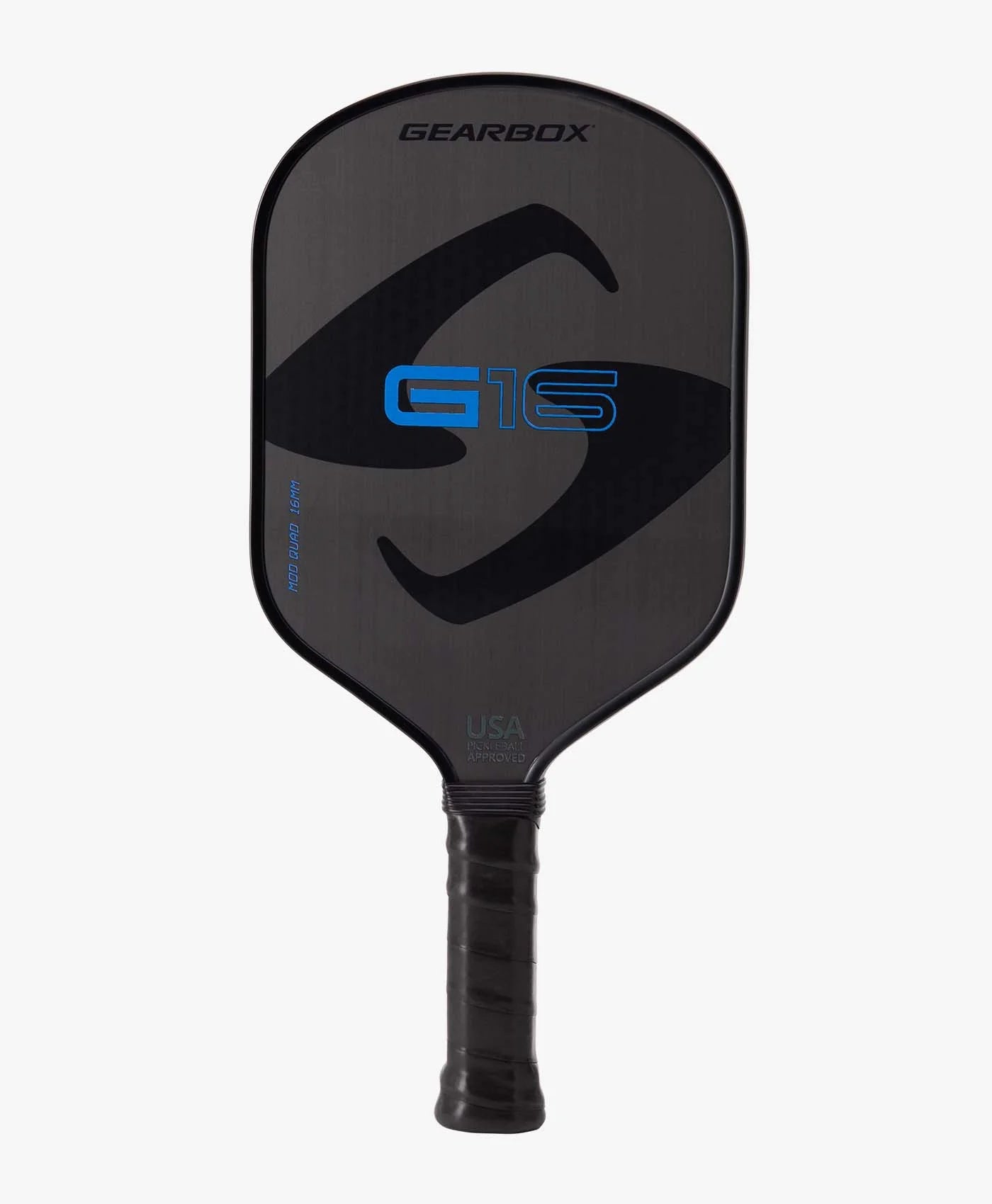 front view of gearbox g16 mod quad pickleball paddle. black background with blue g16 label black gearbox logo